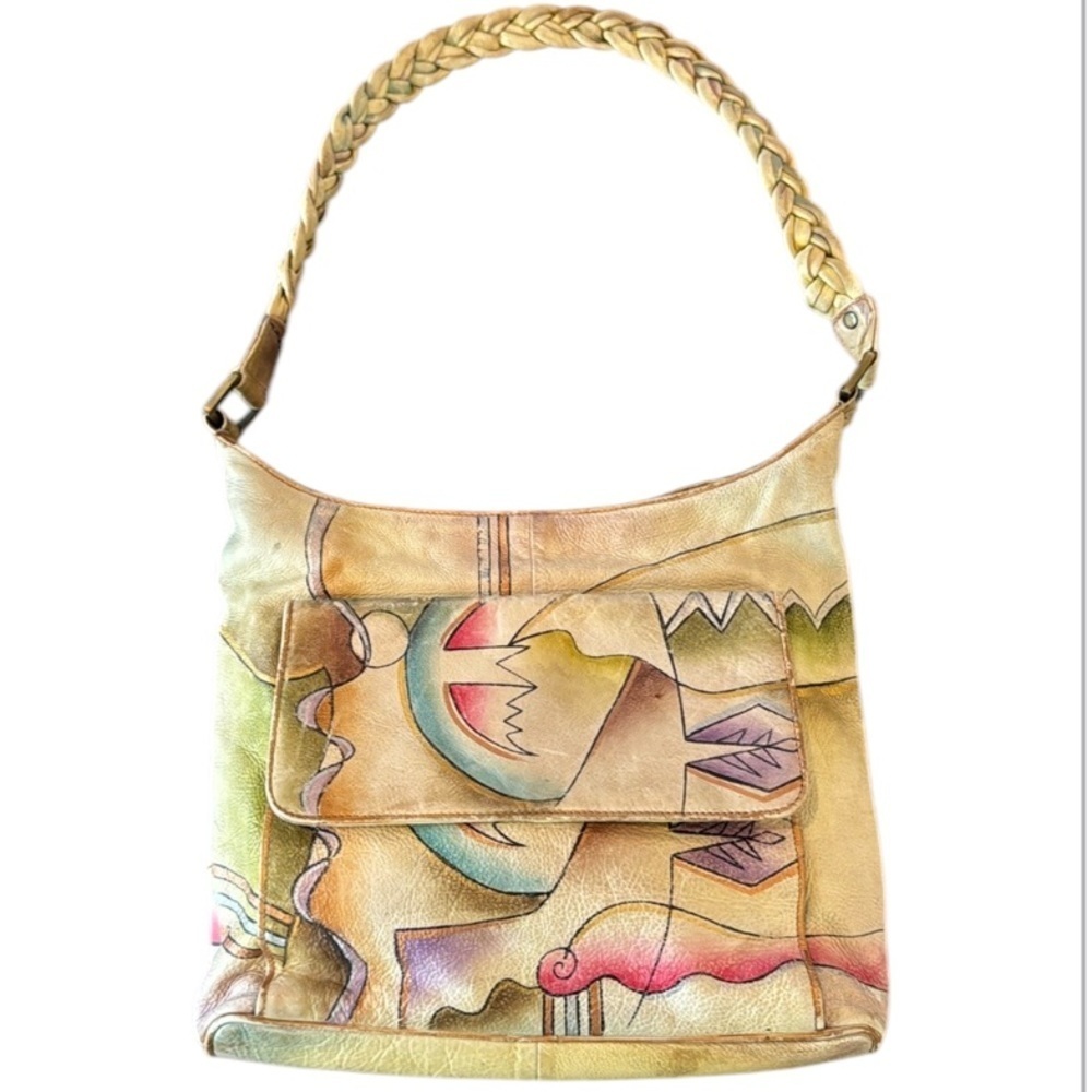 Vintage Handpainted Leather Manifique Hobo Bag with Braided Shoulder Strap